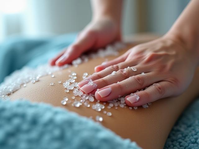 Seorang terapis melakukan scrub badan garam laut pada pelanggan.