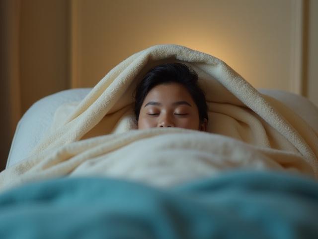 Pelanggan dibalut dengan selimut haba di katil spa.