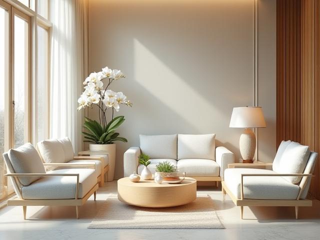 Pemandangan sofa empuk dan meja kopi di ruang menunggu salun, dengan aksen dekorasi laut seperti cengkerang mutiara dan tumbuhan hijau.