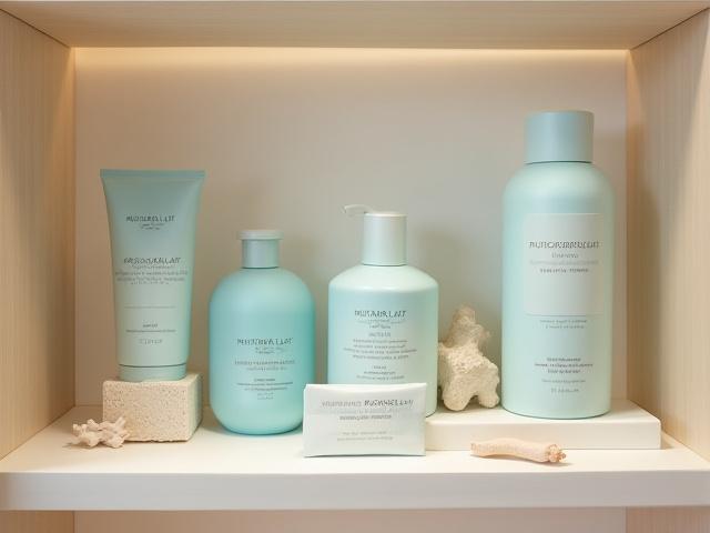 Rak display dengan produk kecantikan Mutiara Laut, botol dan balang dengan label elegan, disusun rapi, menunjukkan citarasa premium.