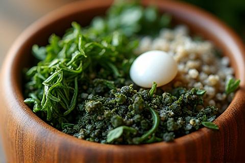 Closeup mangkuk kayu yang mengandungi serpihan rumput laut kering dan bahan semula jadi lain untuk facial, menunjukkan tekstur dan kualiti bahan.