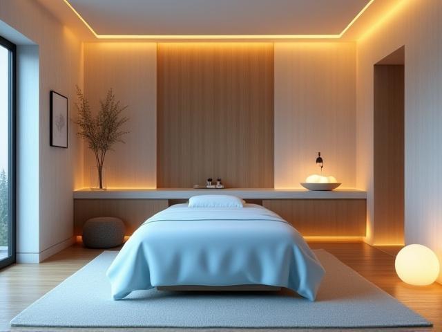 Bilik rawatan yang kemas dan tenang dengan katil spa berwarna biru lembut, lampu malap, dan lilin aromatik, menciptakan suasana relaksasi.