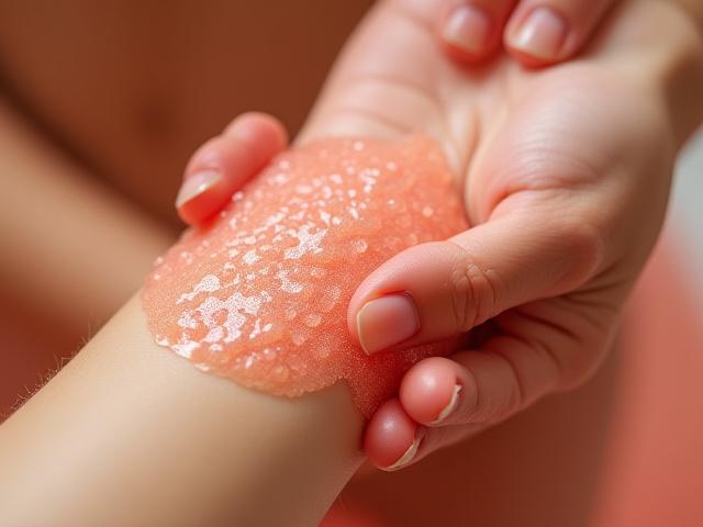 Closeup tangan terapis menggunakan ramuan ekfoliasi berasaskan karang pada kulit lengan, menunjukkan tekstur halus dan efek pengelupasan lembut.