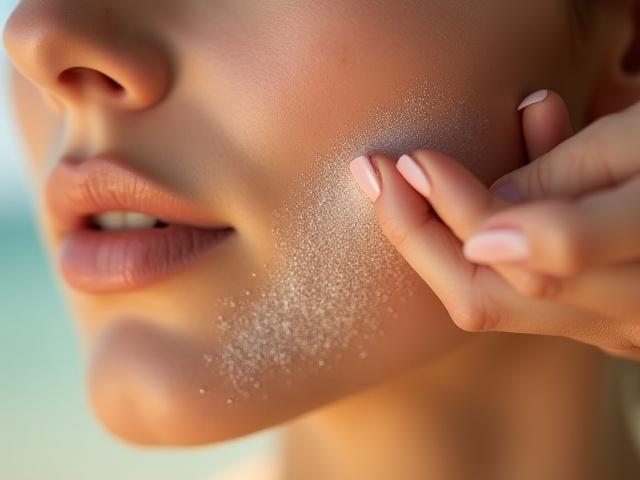 Wajah seorang wanita dengan serbuk mutiara halus disapu, tangan terapis sedang bekerja, menunjukkan efek pencerahan.