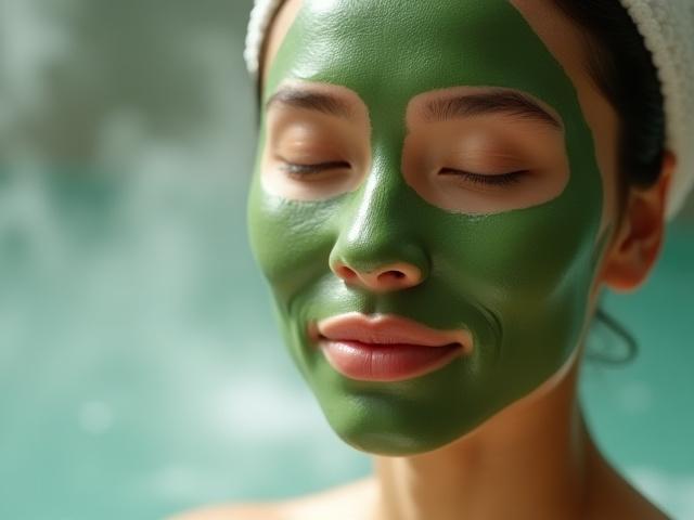 Model dengan facial rumput laut, dilitupi lumut laut hijau di wajahnya, menunjukkan kulit yang segar.