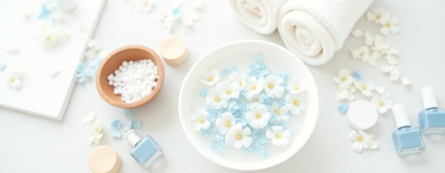 Flat lay estetik mangkuk dengan garam laut, bunga, tuala, dan pengilat kuku