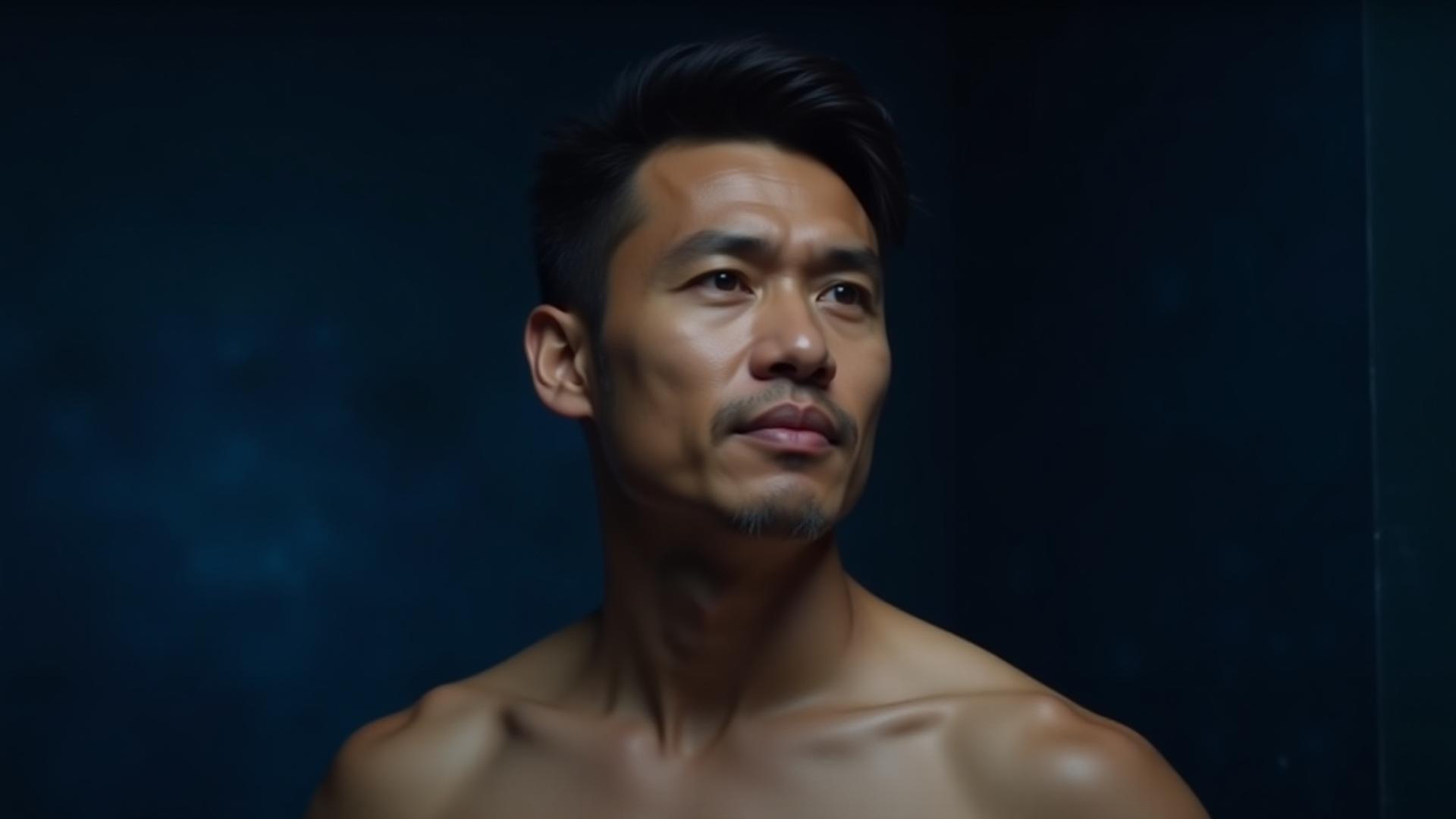 Lelaki dengan kulit bersih dan tenang menatap ke hadapan, melambangkan penjagaan diri