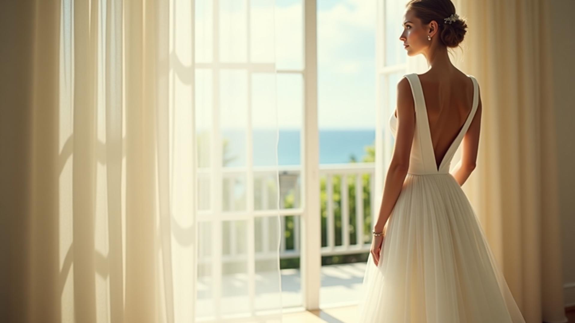 Pengantin perempuan yang elegan melihat ke luar tingkap dengan gaun perkahwinan yang cantik, bersedia untuk hari istimewa