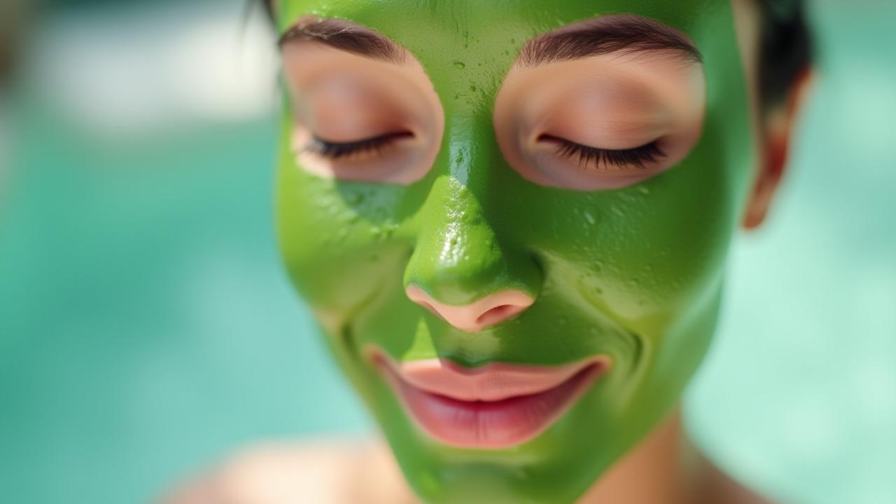 Close-up wajah wanita tenang dengan topeng gel rumput laut hijau segar