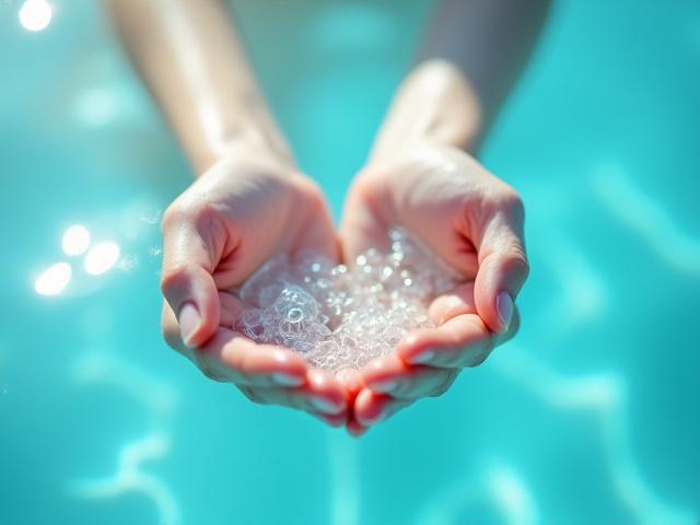 Tangan menadah air laut jernih yang memantulkan cahaya matahari, simbol keindahan semula jadi dan ketenangan.