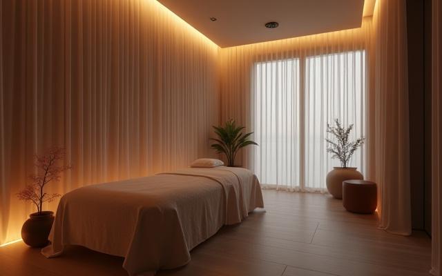 Bilik rawatan Mutiara Laut yang selesa dan tenang dengan pencahayaan lembut.