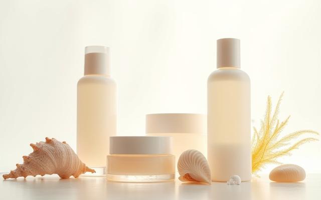 Paparan produk penjagaan kulit berasaskan laut yang disusun rapi.