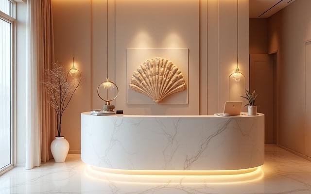 Ruang penyambut tetamu Mutiara Laut yang bersih dan moden dengan hiasan bertemakan laut.