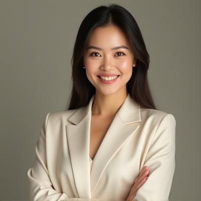 Potret profesional Puan Amelia, seorang wanita dengan senyuman mesra dan tenang, memancarkan keyakinan dan keanggunan.