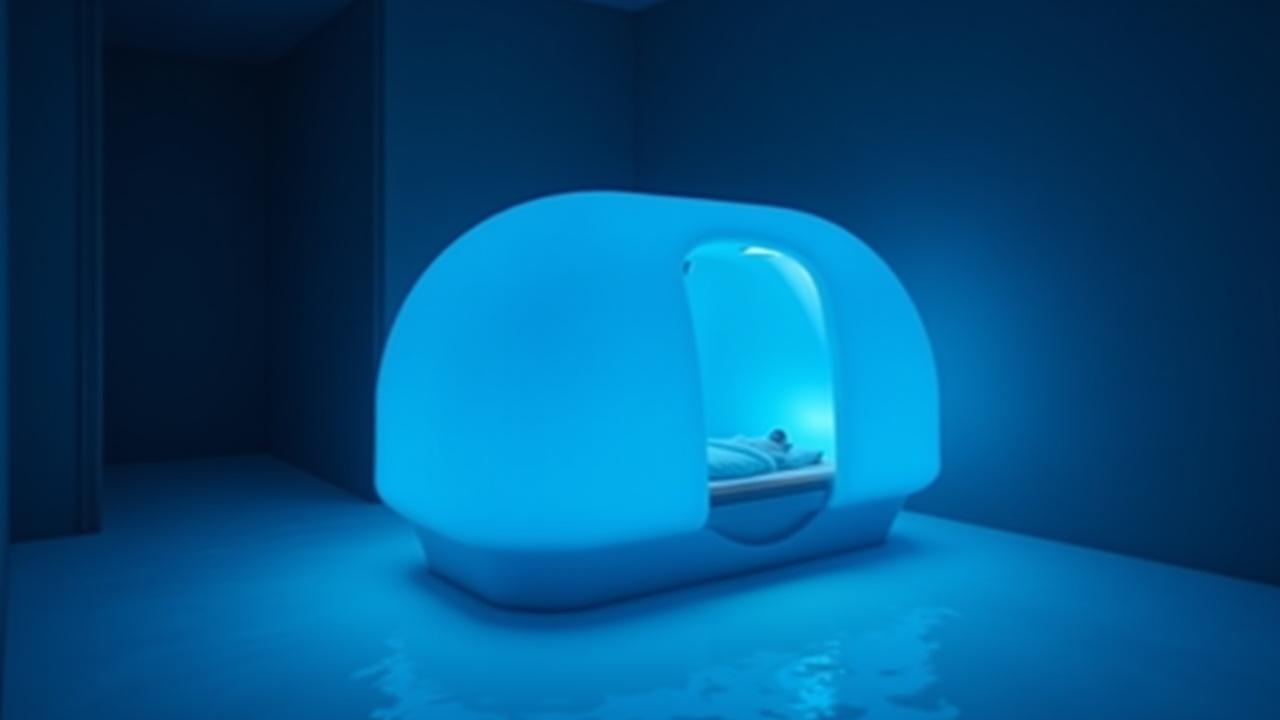 Pod urut air futuristik dengan pencahayaan biru menenangkan