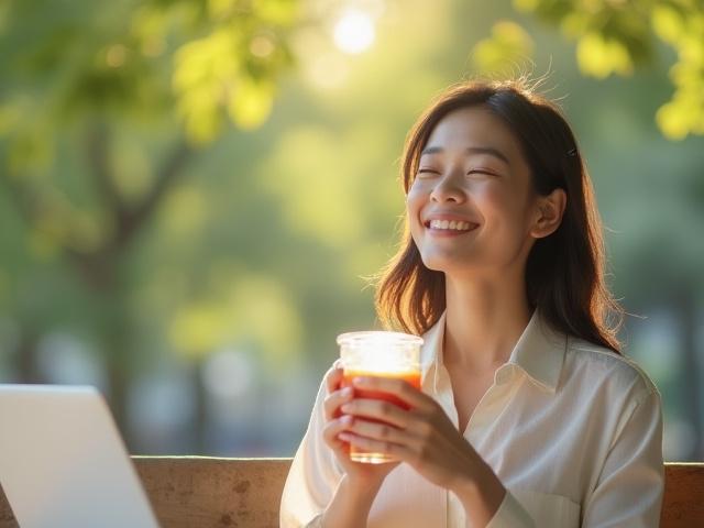 Wanita tersenyum gembira semasa istirahat makan tengah hari