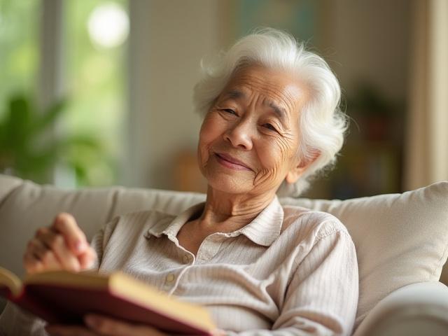 Warga emas tersenyum dan merasa selesa